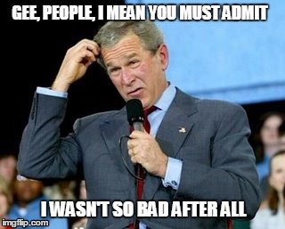 GEE, PEOPLE, I MEAN YOU MUST ADMIT; I WASN'T SO BAD AFTER ALL | image tagged in bush scratching head | made w/ Imgflip meme maker
