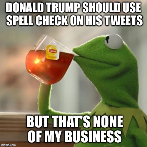 But That's None Of My Business Meme | DONALD TRUMP SHOULD USE SPELL CHECK ON HIS TWEETS; BUT THAT'S NONE OF MY BUSINESS | image tagged in memes,but thats none of my business,kermit the frog | made w/ Imgflip meme maker