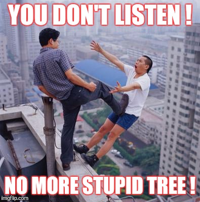 No more Pun , memes | YOU DON'T LISTEN ! NO MORE STUPID TREE ! | image tagged in no more pun  memes | made w/ Imgflip meme maker