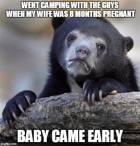 Confession Bear Meme | WENT CAMPING WITH THE GUYS WHEN MY WIFE WAS 8 MONTHS PREGNANT BABY CAME EARLY | image tagged in memes,confession bear | made w/ Imgflip meme maker