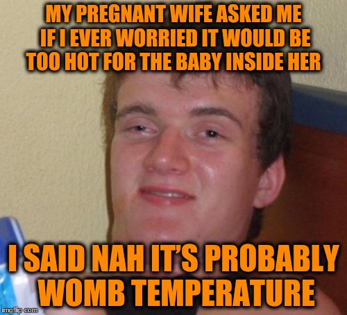 10 Guy | MY PREGNANT WIFE ASKED ME IF I EVER WORRIED IT WOULD BE TOO HOT FOR THE BABY INSIDE HER; I SAID NAH IT’S PROBABLY WOMB TEMPERATURE | image tagged in memes,10 guy | made w/ Imgflip meme maker
