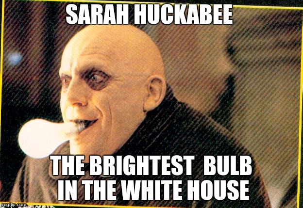 uncle fester light bulb | SARAH HUCKABEE; THE BRIGHTEST  BULB IN THE WHITE HOUSE | image tagged in uncle fester light bulb | made w/ Imgflip meme maker