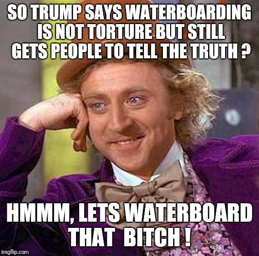 Creepy Condescending Wonka Meme | SO TRUMP SAYS WATERBOARDING IS NOT TORTURE BUT STILL GETS PEOPLE TO TELL THE TRUTH ? HMMM, LETS WATERBOARD 
THAT  BITCH ! | image tagged in memes,creepy condescending wonka | made w/ Imgflip meme maker