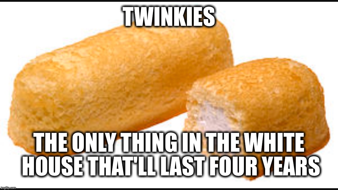 TWINKIES; THE ONLY THING IN THE WHITE HOUSE THAT'LL LAST FOUR YEARS | image tagged in twinkie,donald trump,white house,president trump | made w/ Imgflip meme maker