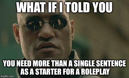 Matrix Morpheus Meme | WHAT IF I TOLD YOU; YOU NEED MORE THAN A SINGLE SENTENCE AS A STARTER FOR A ROLEPLAY | image tagged in memes,matrix morpheus | made w/ Imgflip meme maker