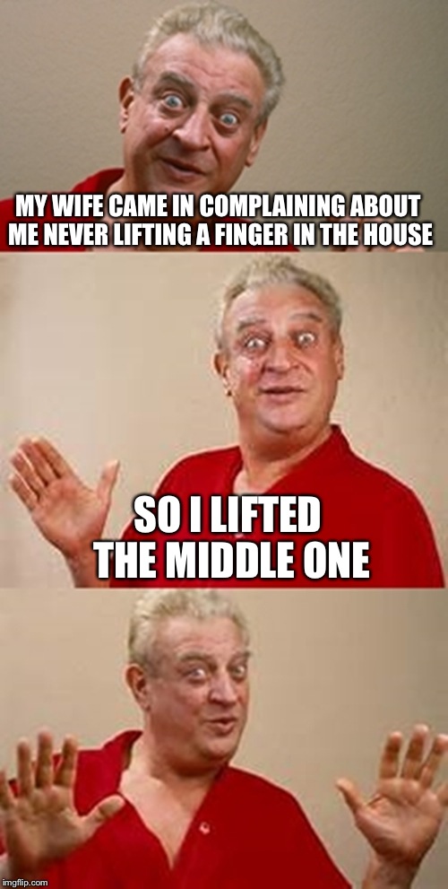 bad pun Dangerfield  | MY WIFE CAME IN COMPLAINING ABOUT ME NEVER LIFTING A FINGER IN THE HOUSE; SO I LIFTED THE MIDDLE ONE | image tagged in bad pun dangerfield | made w/ Imgflip meme maker