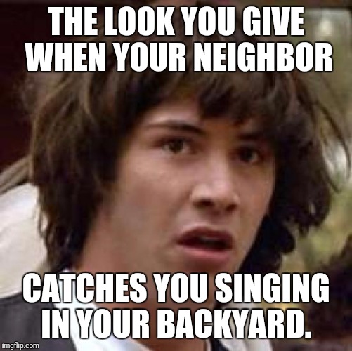 Conspiracy Keanu | THE LOOK YOU GIVE 
WHEN YOUR NEIGHBOR; CATCHES YOU SINGING IN
YOUR BACKYARD. | image tagged in memes,conspiracy keanu | made w/ Imgflip meme maker