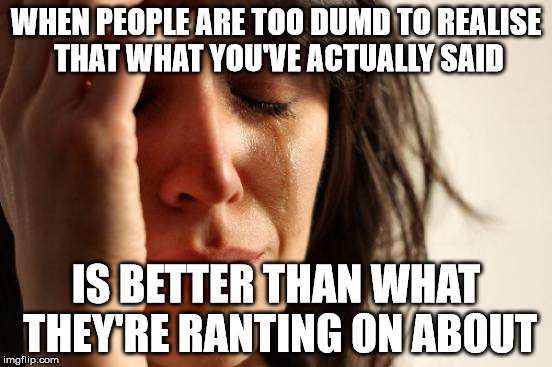 First World Problems Meme | WHEN PEOPLE ARE TOO DUMD TO REALISE THAT WHAT YOU'VE ACTUALLY SAID IS BETTER THAN WHAT THEY'RE RANTING ON ABOUT | image tagged in memes,first world problems | made w/ Imgflip meme maker