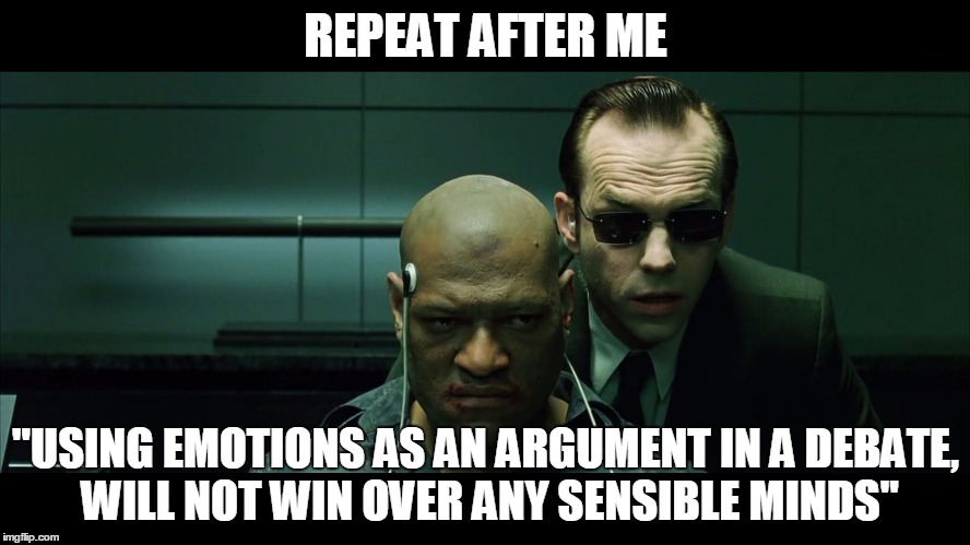  REPEAT AFTER ME; "USING EMOTIONS AS AN ARGUMENT IN A DEBATE, WILL NOT WIN OVER ANY SENSIBLE MINDS" | image tagged in repeat after me | made w/ Imgflip meme maker
