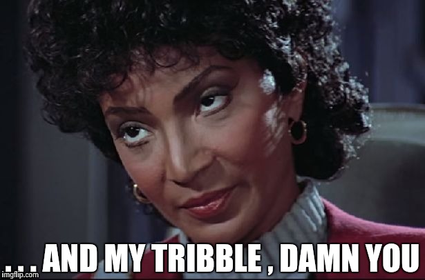 Uhura not amused | . . . AND MY TRIBBLE , DAMN YOU | image tagged in uhura not amused | made w/ Imgflip meme maker