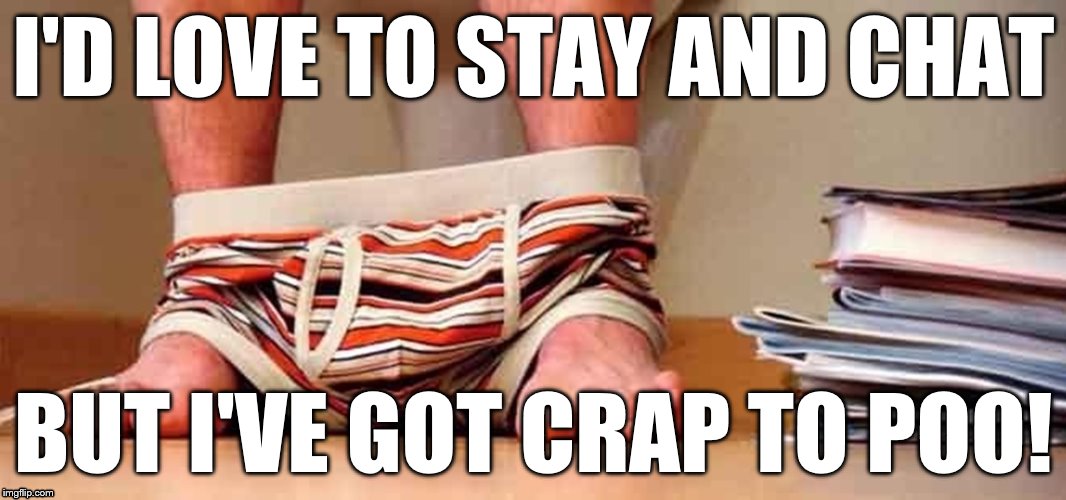 Crap to poo | I'D LOVE TO STAY AND CHAT; BUT I'VE GOT CRAP TO POO! | image tagged in pooping,puns,bad pun,busy | made w/ Imgflip meme maker