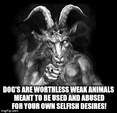 Satan's love of dogs! | DOG'S ARE WORTHLESS WEAK ANIMALS MEANT TO BE USED AND ABUSED FOR YOUR OWN SELFISH DESIRES! | image tagged in satan wants you,satan,the devil,dogs,psychopath,in the arms of the angel | made w/ Imgflip meme maker
