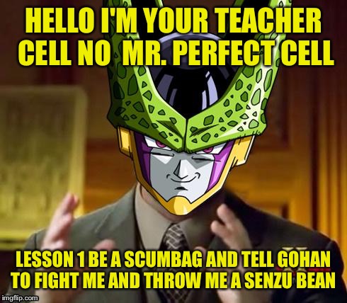 cell dbz | HELLO I'M YOUR TEACHER CELL NO  MR. PERFECT CELL; LESSON 1 BE A SCUMBAG AND TELL GOHAN TO FIGHT ME AND THROW ME A SENZU BEAN | image tagged in cell dbz | made w/ Imgflip meme maker