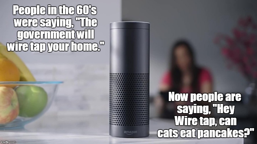 I usually don't get involved with political memes, but I'm big on privacy and civil rights. | People in the 60's were saying, "The government will wire tap your home."; Now people are saying, "Hey Wire tap, can cats eat pancakes?" | image tagged in funny meme,government,privacy,amazon | made w/ Imgflip meme maker