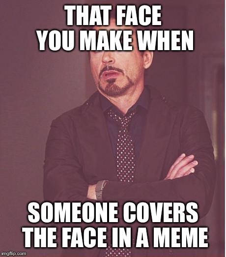 Face You Make Robert Downey Jr | THAT FACE YOU MAKE WHEN; SOMEONE COVERS THE FACE IN A MEME | image tagged in memes,face you make robert downey jr | made w/ Imgflip meme maker