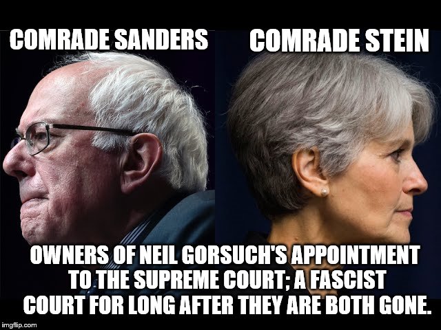 Bernie Sanders & Jill Stein | COMRADE STEIN; COMRADE SANDERS; OWNERS OF NEIL GORSUCH'S APPOINTMENT TO THE SUPREME COURT; A FASCIST COURT FOR LONG AFTER THEY ARE BOTH GONE. | image tagged in bernie sanders  jill stein | made w/ Imgflip meme maker