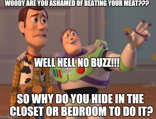X, X Everywhere Meme | WOODY ARE YOU ASHAMED OF BEATING YOUR MEAT??? WELL HELL NO BUZZ!!! SO WHY DO YOU HIDE IN THE CLOSET OR BEDROOM TO DO IT? | image tagged in memes,x x everywhere | made w/ Imgflip meme maker