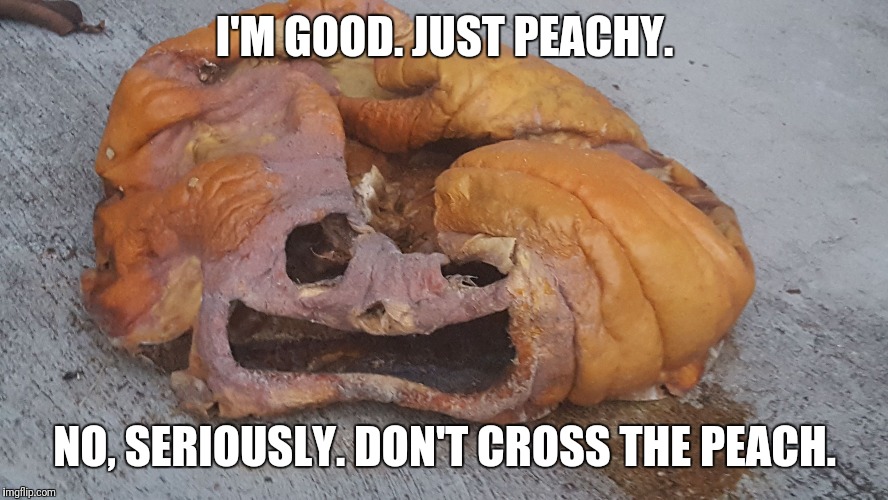 The Peach did this to me. | I'M GOOD. JUST PEACHY. NO, SERIOUSLY. DON'T CROSS THE PEACH. | image tagged in pumpkin face,peachy,fruit,puns | made w/ Imgflip meme maker