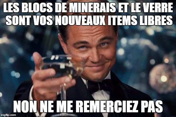 Leonardo Dicaprio Cheers Meme | LES BLOCS DE MINERAIS ET LE VERRE SONT VOS NOUVEAUX ITEMS LIBRES; NON NE ME REMERCIEZ PAS | image tagged in memes,leonardo dicaprio cheers | made w/ Imgflip meme maker