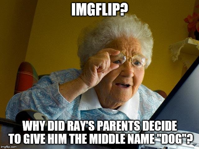 grandma finally decides to come home... | IMGFLIP? WHY DID RAY'S PARENTS DECIDE TO GIVE HIM THE MIDDLE NAME "DOG"? | image tagged in memes,grandma finds the internet | made w/ Imgflip meme maker