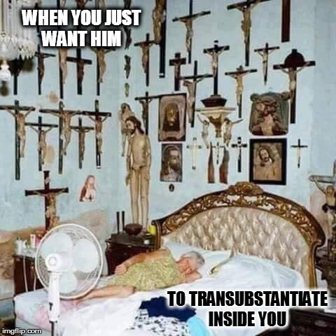If I'm going to Hell, it's going to be VIP. | WHEN YOU JUST WANT HIM; TO TRANSUBSTANTIATE INSIDE YOU | image tagged in jesus lady,memes,religion,transubstantiation | made w/ Imgflip meme maker