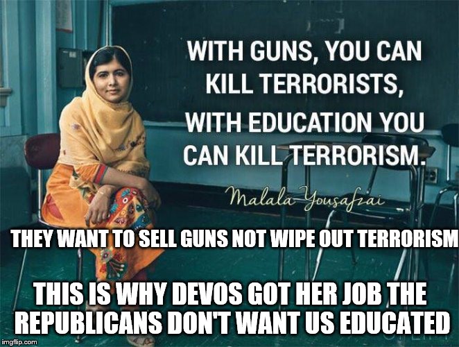 Education might work but it doesn't sell guns | THEY WANT TO SELL GUNS NOT WIPE OUT TERRORISM; THIS IS WHY DEVOS GOT HER JOB THE REPUBLICANS DON'T WANT US EDUCATED | image tagged in terrorism,political meme | made w/ Imgflip meme maker