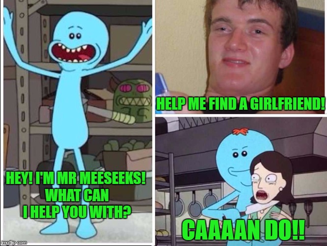 Mr Meeseeks loves Retarded.  | HELP ME FIND A GIRLFRIEND! HEY! I'M MR MEESEEKS! WHAT CAN I HELP YOU WITH? CAAAAN DO!! | image tagged in rick and morty,mr meeseeks,10 guy | made w/ Imgflip meme maker