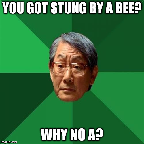 High Expectations Asian Father | YOU GOT STUNG BY A BEE? WHY NO A? | image tagged in memes,high expectations asian father | made w/ Imgflip meme maker