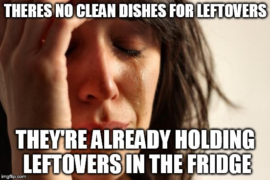 First World Problems Meme | THERES NO CLEAN DISHES FOR LEFTOVERS; THEY'RE ALREADY HOLDING LEFTOVERS IN THE FRIDGE | image tagged in memes,first world problems | made w/ Imgflip meme maker