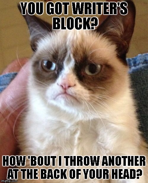 writer's block (to the head) | YOU GOT WRITER'S BLOCK? HOW 'BOUT I THROW ANOTHER AT THE BACK OF YOUR HEAD? | image tagged in memes,grumpy cat,writer's block,lazy | made w/ Imgflip meme maker