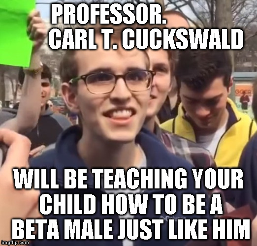 cuck | PROFESSOR.                 CARL T. CUCKSWALD; WILL BE TEACHING YOUR CHILD HOW TO BE A BETA MALE JUST LIKE HIM | image tagged in cuck | made w/ Imgflip meme maker