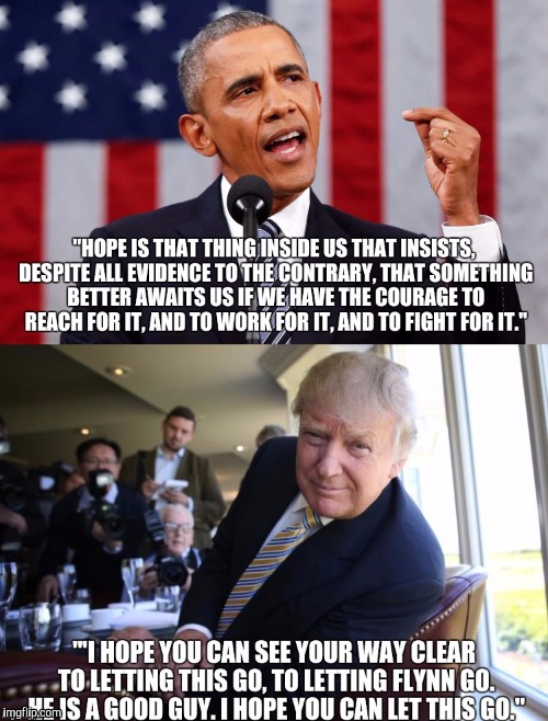 The Audacity of Hope: Two Ways | image tagged in barack obama,donald trump,hope,michael flynn,russia,james comey | made w/ Imgflip meme maker