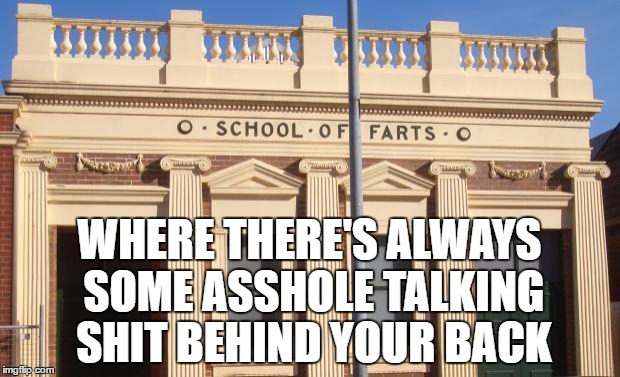 school of farts | WHERE THERE'S ALWAYS SOME ASSHOLE TALKING SHIT BEHIND YOUR BACK | image tagged in school of farts | made w/ Imgflip meme maker