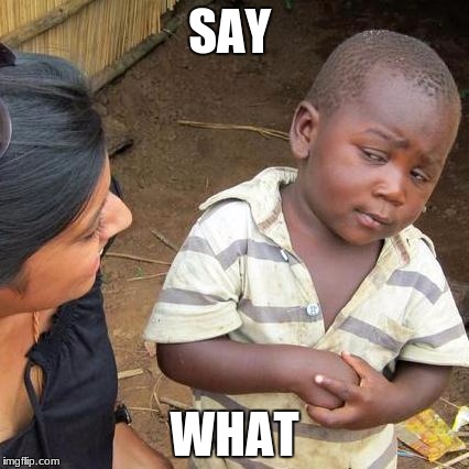 Third World Skeptical Kid | SAY; WHAT | image tagged in memes,third world skeptical kid | made w/ Imgflip meme maker