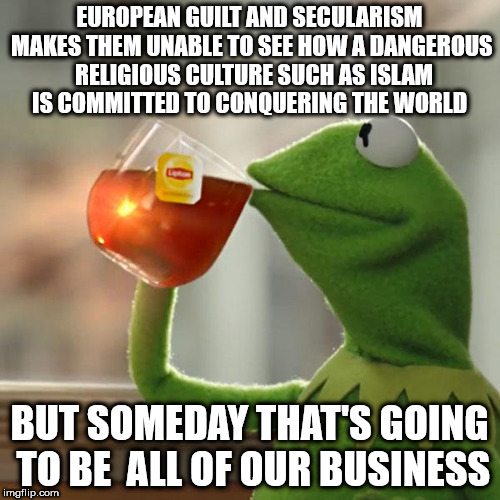 But That's None Of My Business | EUROPEAN GUILT AND SECULARISM MAKES THEM UNABLE TO SEE HOW A DANGEROUS  RELIGIOUS CULTURE SUCH AS ISLAM IS COMMITTED TO CONQUERING THE WORLD; BUT SOMEDAY THAT'S GOING TO BE  ALL OF OUR BUSINESS | image tagged in memes,but thats none of my business,kermit the frog | made w/ Imgflip meme maker