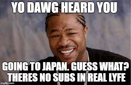 Yo Dawg Heard You Meme | YO DAWG HEARD YOU; GOING TO JAPAN. GUESS WHAT? THERES NO SUBS IN REAL LYFE | image tagged in memes,yo dawg heard you | made w/ Imgflip meme maker