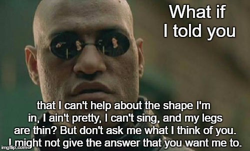 Matrix Morpheus | What if I told you; that I can't help about the shape I'm in, I ain't pretty, I can't sing, and my legs are thin? But don't ask me what I think of you. I might not give the answer that you want me to. | image tagged in memes,matrix morpheus,fleetwood mac | made w/ Imgflip meme maker
