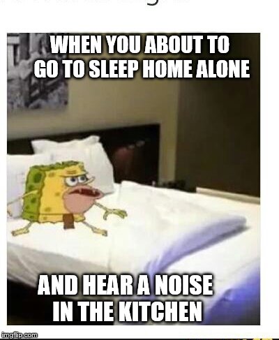 SpongeBob caveman bed | WHEN YOU ABOUT TO GO TO SLEEP HOME ALONE; AND HEAR A NOISE IN THE KITCHEN | image tagged in spongebob caveman bed | made w/ Imgflip meme maker