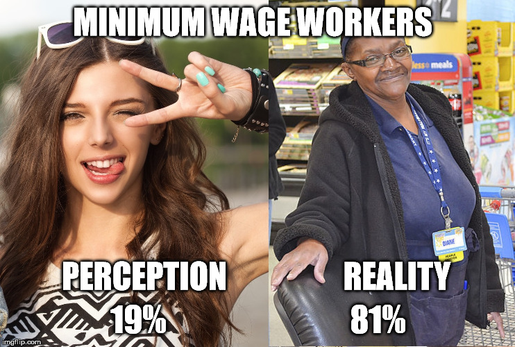Only 19% of workers at or below the federal minimum wage are teenagers.  The vast majority of them are adults trying to make end | MINIMUM WAGE WORKERS; 19%                              81%; PERCEPTION                   REALITY | image tagged in fight for 15,living wage | made w/ Imgflip meme maker