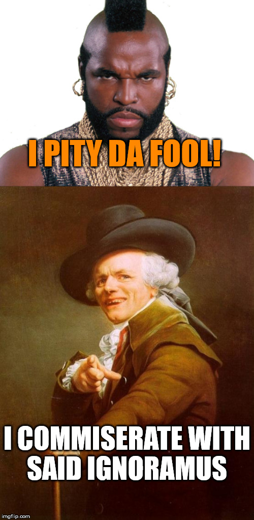 I PITY DA FOOL! I COMMISERATE WITH SAID IGNORAMUS | image tagged in memes,joseph ducreux,mr t,mr t pity the fool | made w/ Imgflip meme maker