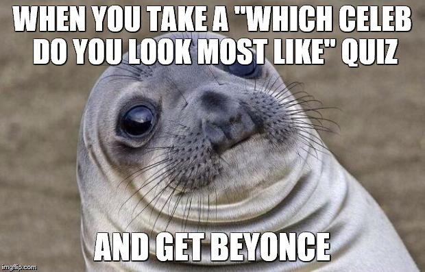 i'd be blessed if I even looked half as good as her | WHEN YOU TAKE A "WHICH CELEB DO YOU LOOK MOST LIKE" QUIZ; AND GET BEYONCE | image tagged in memes,awkward moment sealion | made w/ Imgflip meme maker