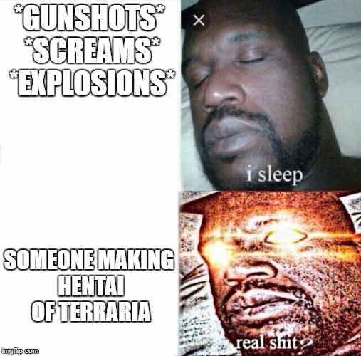 Sleeping Shaq | *GUNSHOTS* *SCREAMS* *EXPLOSIONS*; SOMEONE MAKING HENTAI OF TERRARIA | image tagged in i sleep,real shit | made w/ Imgflip meme maker