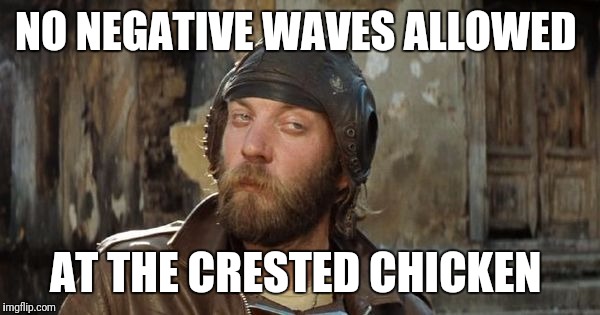 Oddball Kelly's Heroes | NO NEGATIVE WAVES ALLOWED; AT THE CRESTED CHICKEN | image tagged in oddball kelly's heroes | made w/ Imgflip meme maker