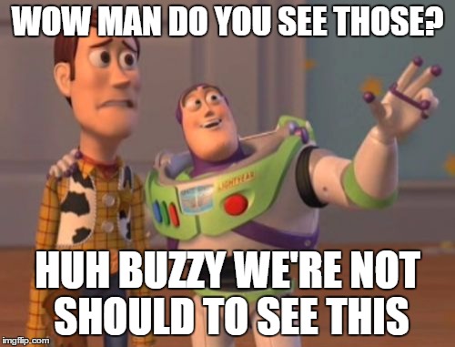 X, X Everywhere Meme | WOW MAN DO YOU SEE THOSE? HUH BUZZY WE'RE NOT SHOULD TO SEE THIS | image tagged in memes,x x everywhere | made w/ Imgflip meme maker