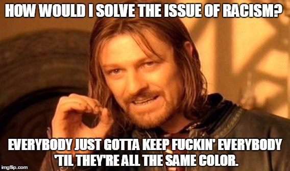 NO RACISM! | HOW WOULD I SOLVE THE ISSUE OF RACISM? EVERYBODY JUST GOTTA KEEP FUCKIN'
EVERYBODY 'TIL THEY'RE ALL THE SAME COLOR. | image tagged in memes,one does not simply,racism,sex,interracial | made w/ Imgflip meme maker