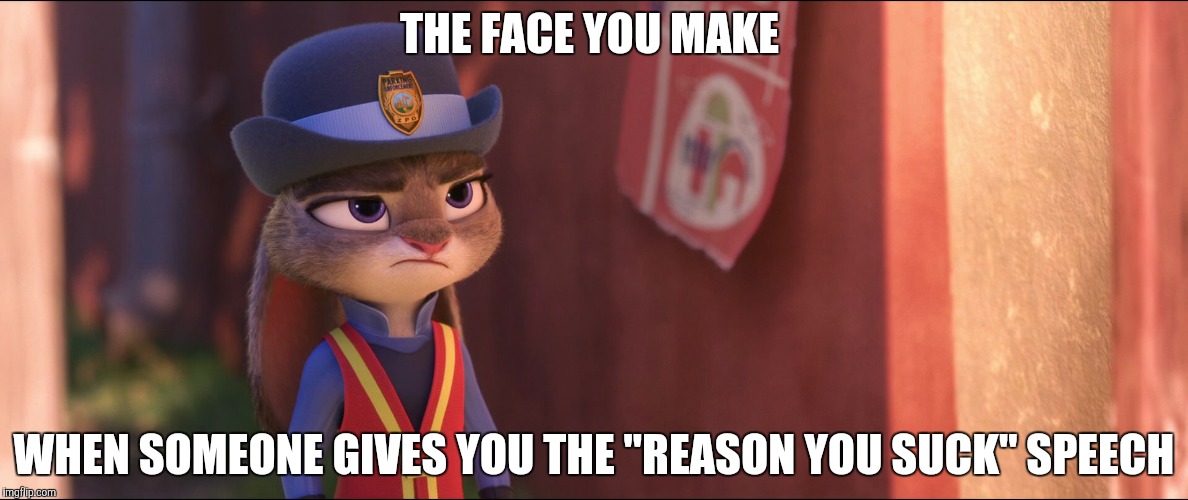 Judy Hopps is NOT a dumb bunny | THE FACE YOU MAKE; WHEN SOMEONE GIVES YOU THE "REASON YOU SUCK" SPEECH | image tagged in judy hopps annoyed,zootopia,judy hopps,funny,memes | made w/ Imgflip meme maker