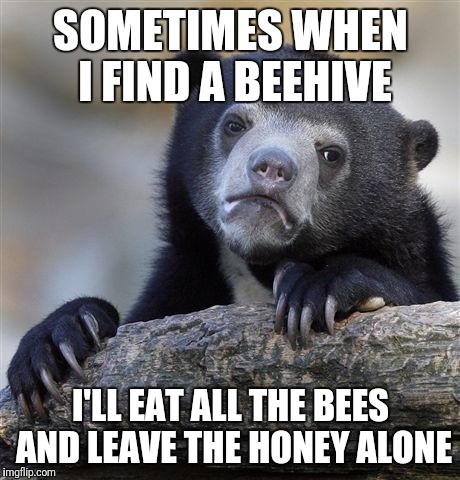 Confession Bear | SOMETIMES WHEN I FIND A BEEHIVE; I'LL EAT ALL THE BEES AND LEAVE THE HONEY ALONE | image tagged in memes,confession bear | made w/ Imgflip meme maker