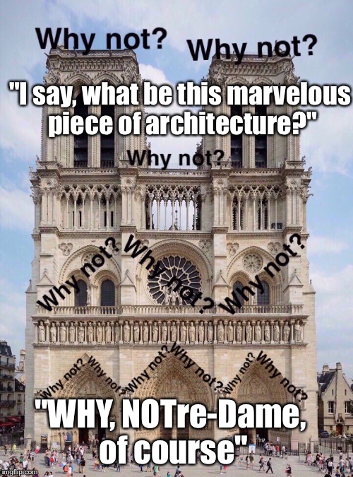 "I say, what be this marvelous piece of architecture?"; "WHY, NOTre-Dame, of course" | image tagged in why notre-dame | made w/ Imgflip meme maker