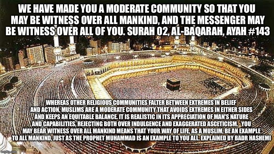 WE HAVE MADE YOU A MODERATE COMMUNITY SO THAT YOU MAY BE WITNESS OVER ALL MANKIND, AND THE MESSENGER MAY BE WITNESS OVER ALL OF YOU.
SURAH 02, AL-BAQARAH, AYAH #143; WHEREAS OTHER RELIGIOUS COMMUNITIES FALTER BETWEEN EXTREMES IN BELIEF AND ACTION, MUSLIMS ARE A MODERATE COMMUNITY THAT AVOIDS EXTREMES IN EITHER SIDES AND KEEPS AN EQUITABLE BALANCE. IT IS REALISTIC IN ITS APPRECIATION OF MAN'S NATURE AND CAPABILITIES, REJECTING BOTH OVER INDULGENCE AND EXAGGERATED ASCETICISM.
 
YOU MAY BEAR WITNESS OVER ALL MANKIND MEANS THAT YOUR WAY OF LIFE, AS A MUSLIM, BE AN EXAMPLE TO ALL MANKIND, JUST AS THE PROPHET MUHAMMAD IS AN EXAMPLE TO YOU ALL.
EXPLAINED BY BADR HASHEMI | image tagged in inspirational quote | made w/ Imgflip meme maker