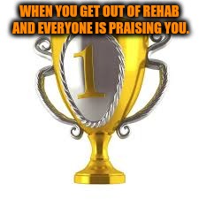 WHEN YOU GET OUT OF REHAB AND EVERYONE IS PRAISING YOU. | image tagged in trophy child | made w/ Imgflip meme maker
